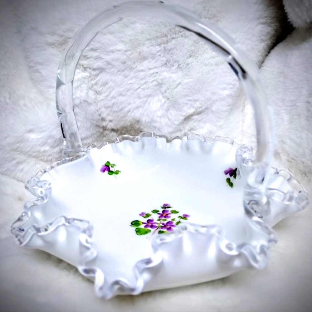 Fenton "Violets in the snow" Vintage basket